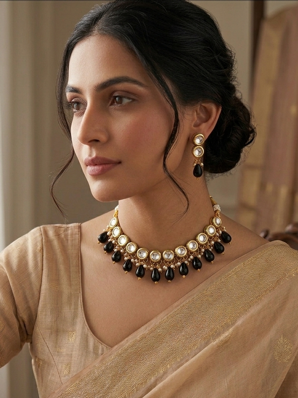 Meraki High Quality Kundan Polki Choker Set With Black Beads