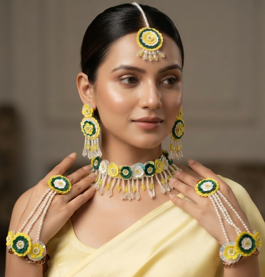 Handmade Yellow-Green Floral Beaded Jewellery Set for Haldi and Mehndi