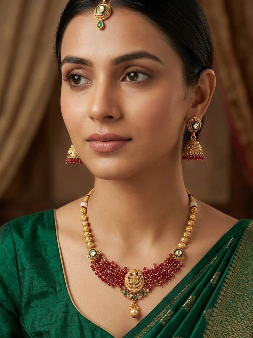 Meraki Gold Plated Ganesh Design with White Pearls Necklace – Earring Set