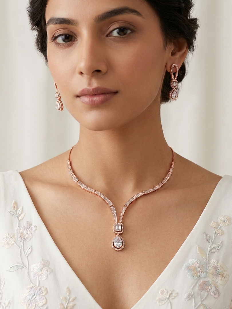 American Diamond Single Lined Gold Plated Choker Set