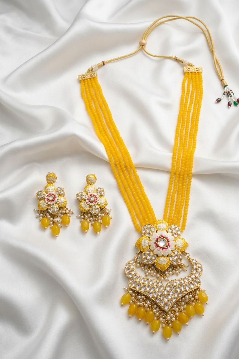 Flower Design Kundan Long Necklace Set