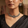 Meraki Oxidized Silver Plated Flower Shaped Choker Set