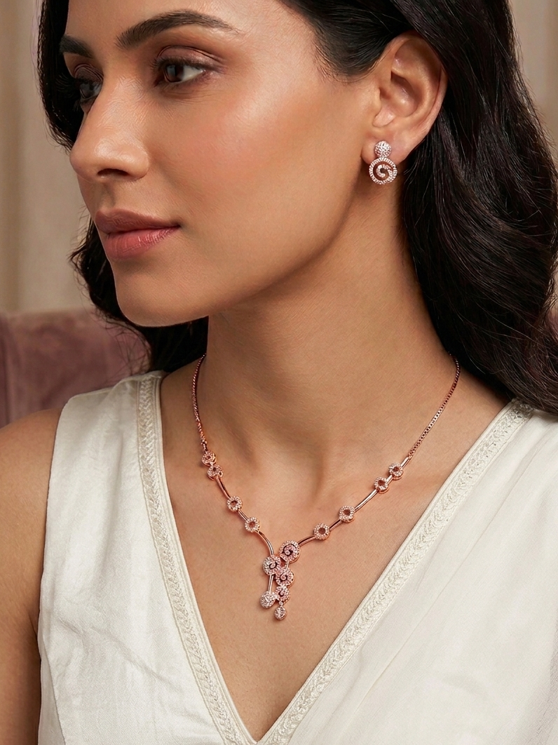Rose Gold Pearl and CZ Studded Diamond Look Necklace Set