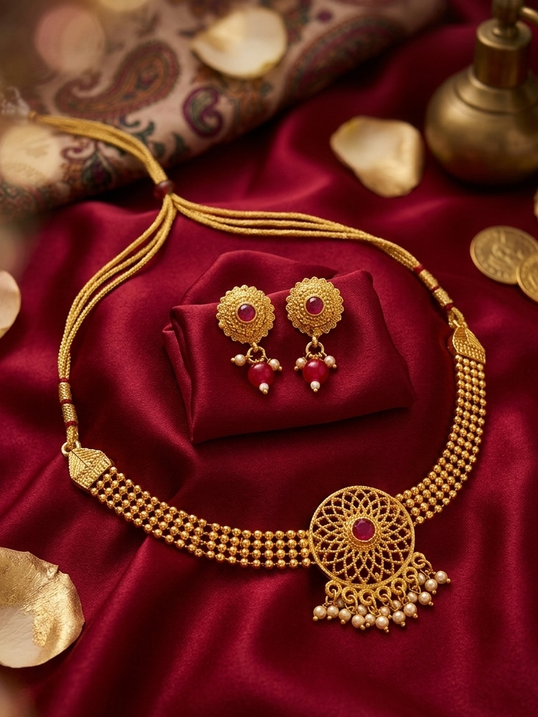 Meraki New Antique Fashionable Gold Plated necklace with Red stone