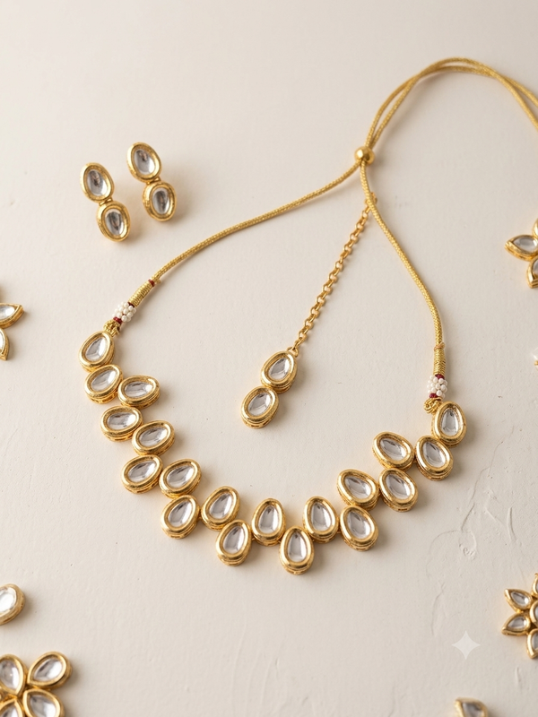 Gold Plated Kundan Necklace & Earrings with Mang tikka