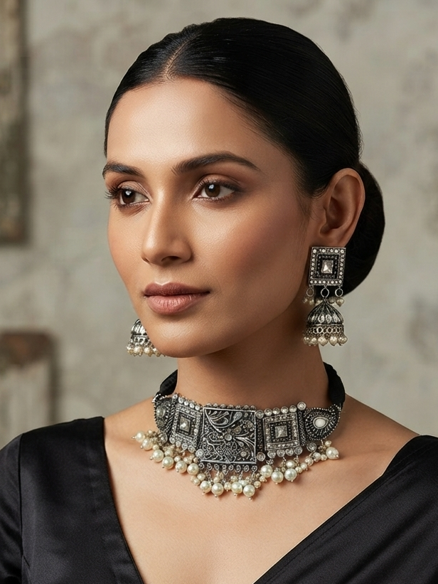Modern Oxidized Square Shape Necklace And Earrings