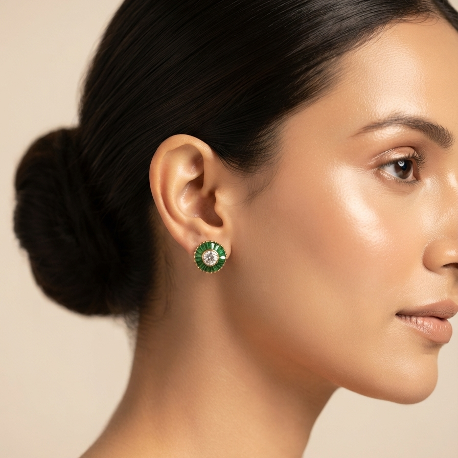 Green Emerald Circle Design Studs