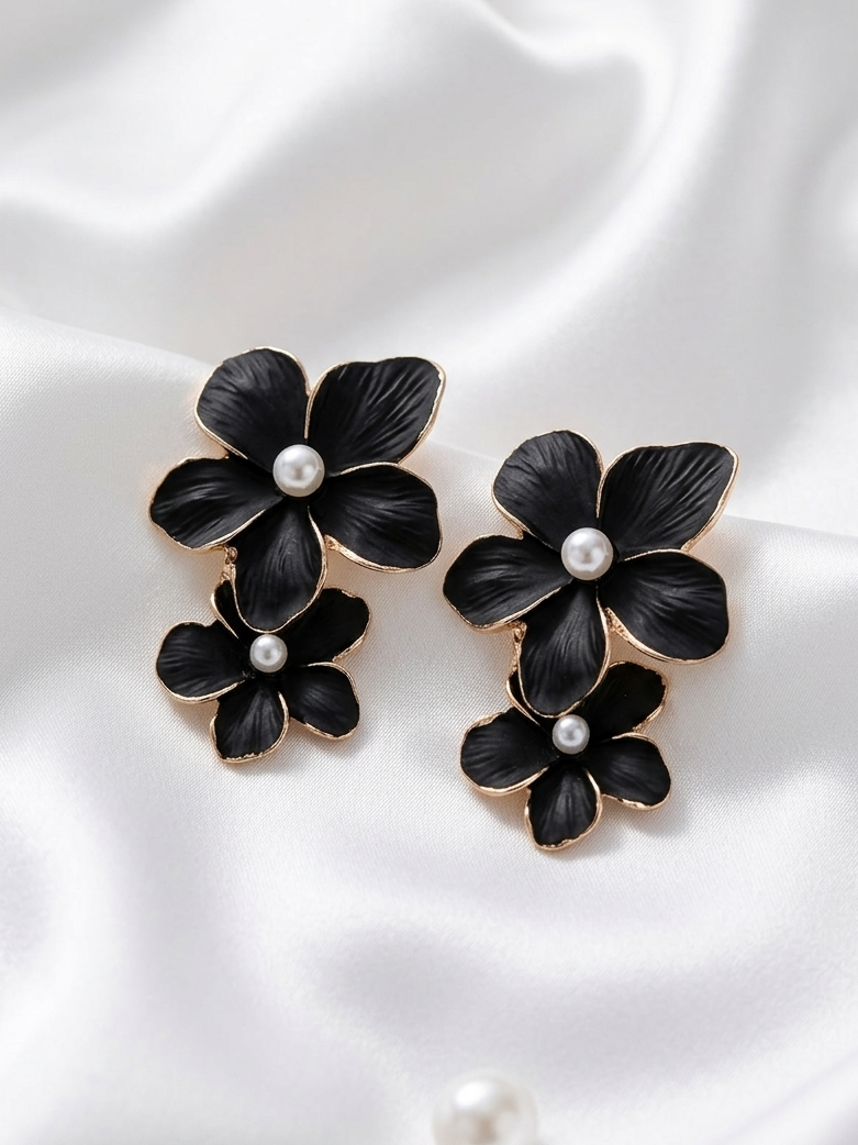 Black Dual Flower Earrings