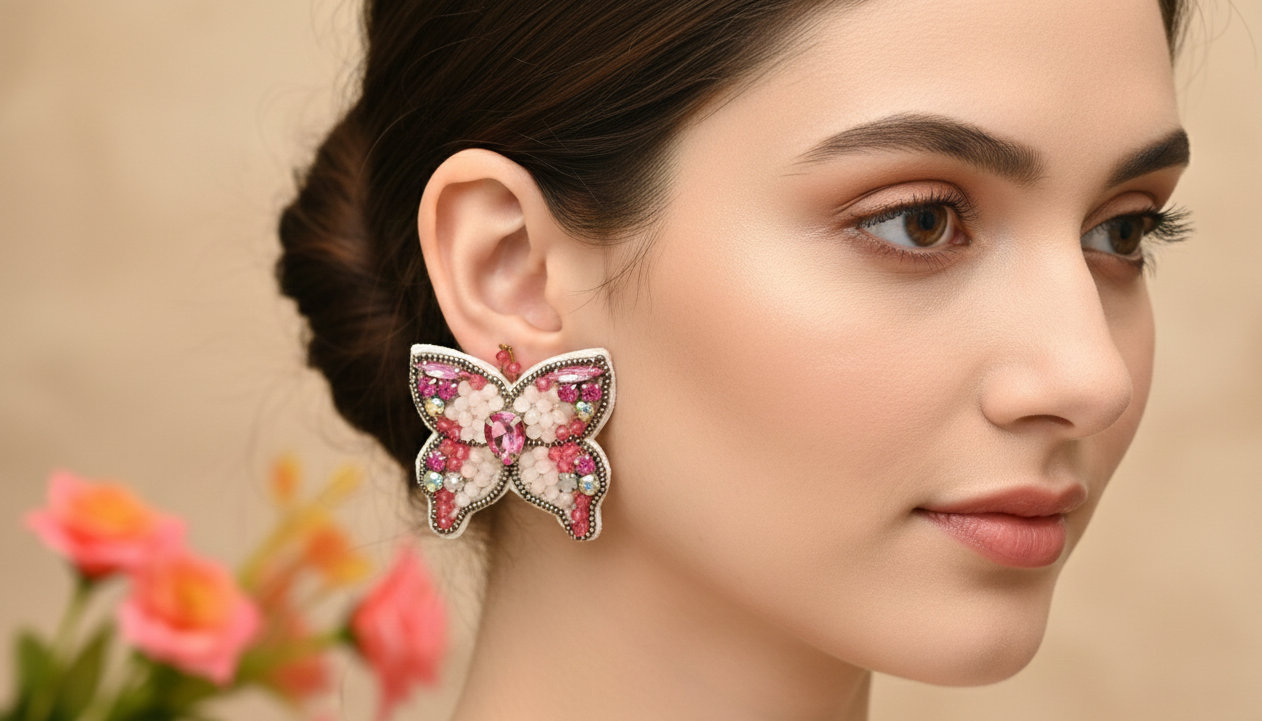 Pink And White Beads Butterfly Earrings