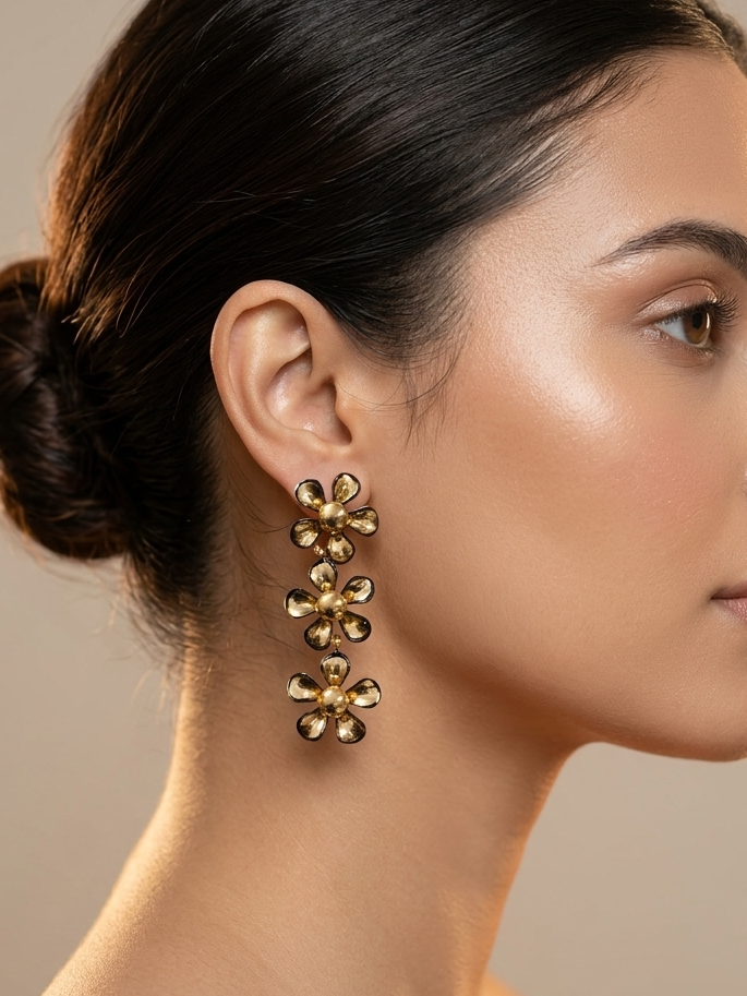 Floral Black And Gold long Korean Earrings