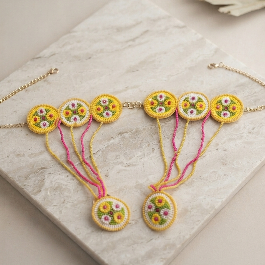 Floral Elegance: Handmade Multicolor Haldi-Mehndi Jewellery Set