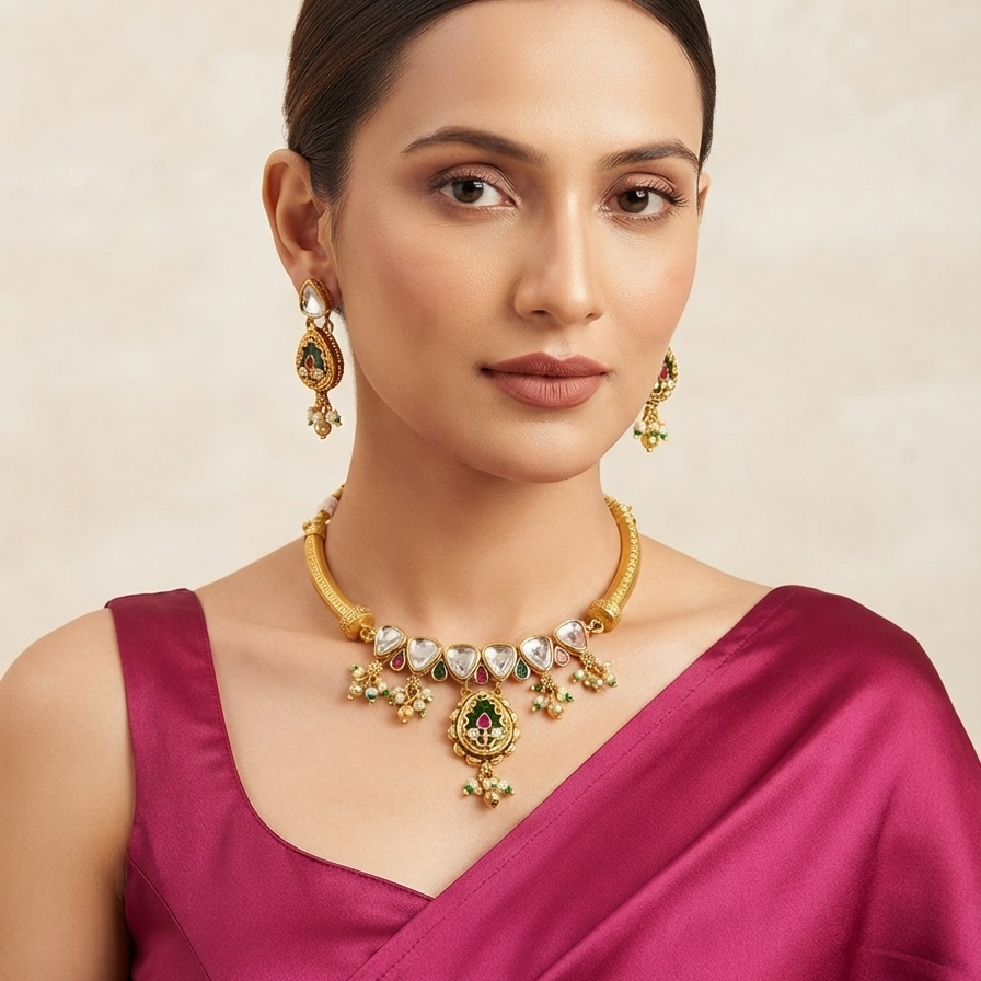 Meraki Gold Plated Kundan Hansli Choker Set