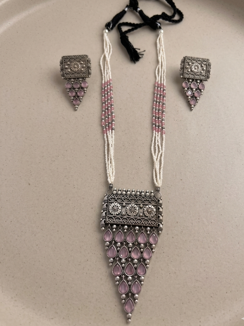 Afghani Tribal Antique Boho Pink Stone Pearl Necklace with Earrings
