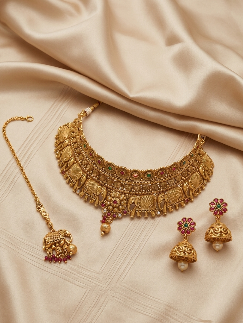 Meraki Gold plated Antique Elephant Design with Red and Green Stone Stone