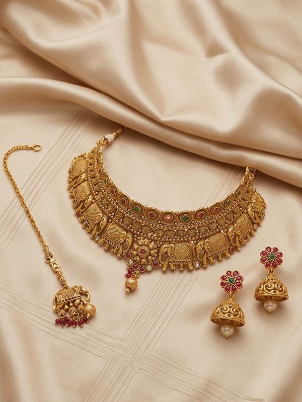 Meraki Gold plated Antique Elephant Design with Red and Green Stone Stone