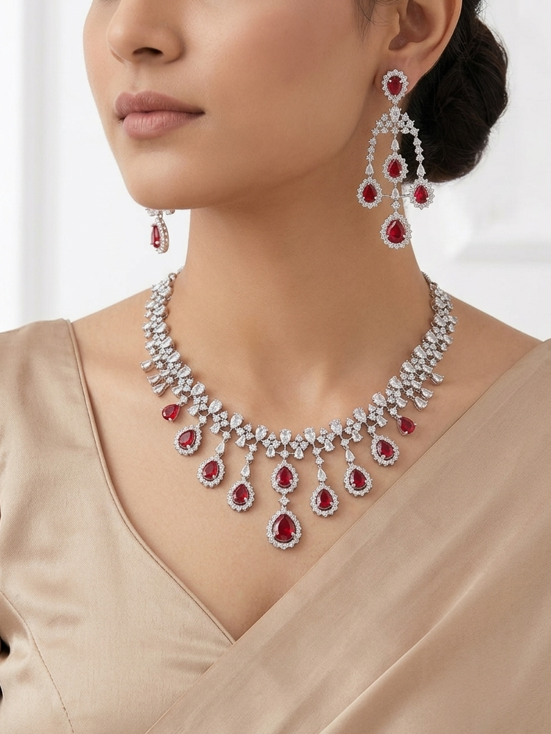 CZ Elegance Teardrop Silver Plated Necklace Set