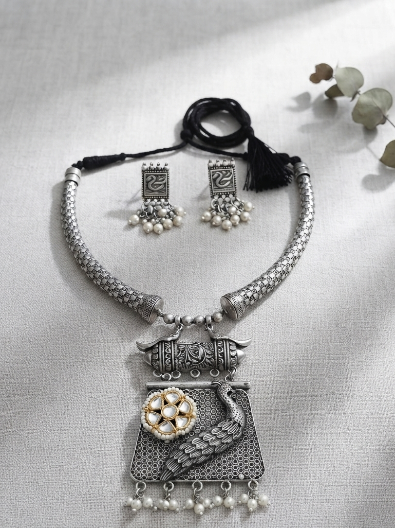 Peacock Motif Oxidized with Accents Choker Set