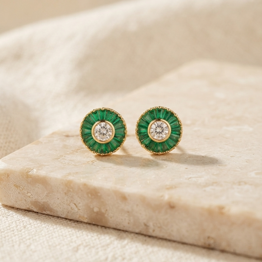 Green Emerald Circle Design Studs