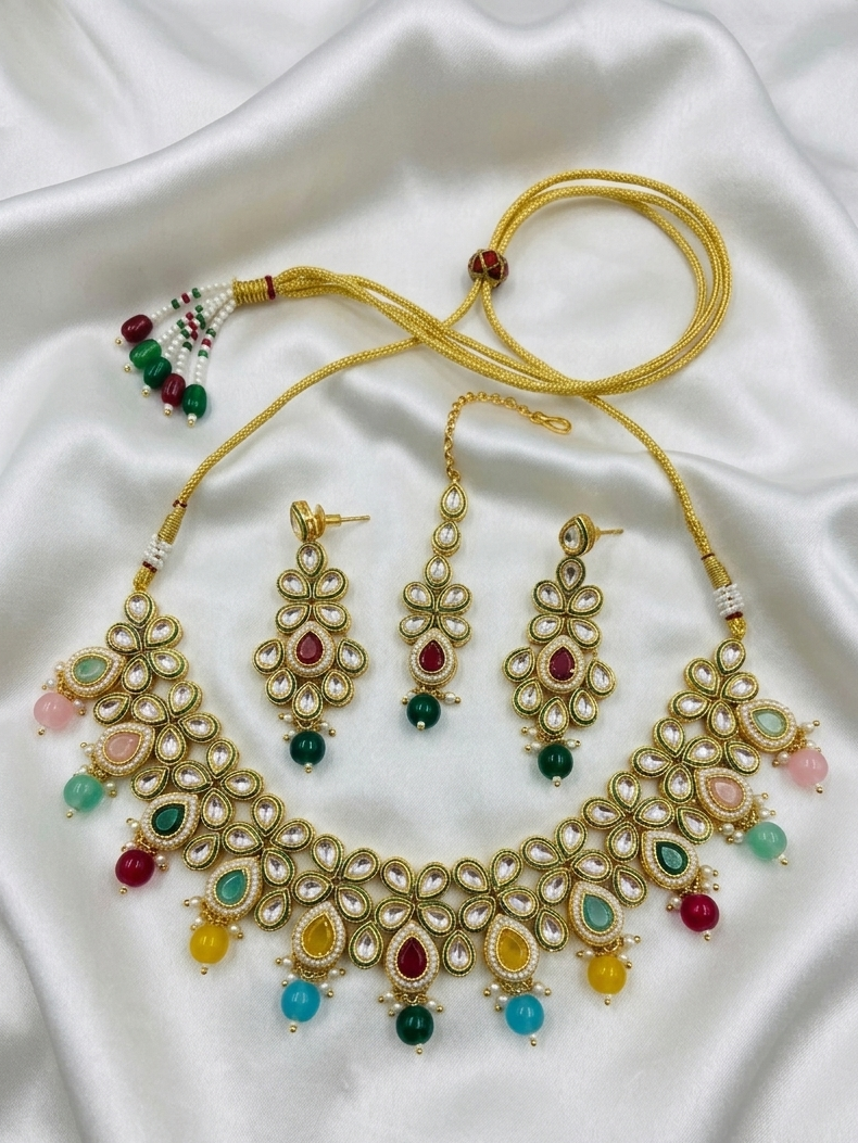 Meraki Panash Women Gold Plated CZ Stone Studded Droplet Choker Necklace Set