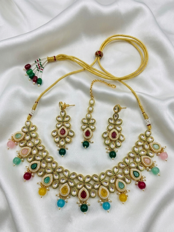 Meraki Panash Women Gold Plated CZ Stone Studded Droplet Choker Necklace Set