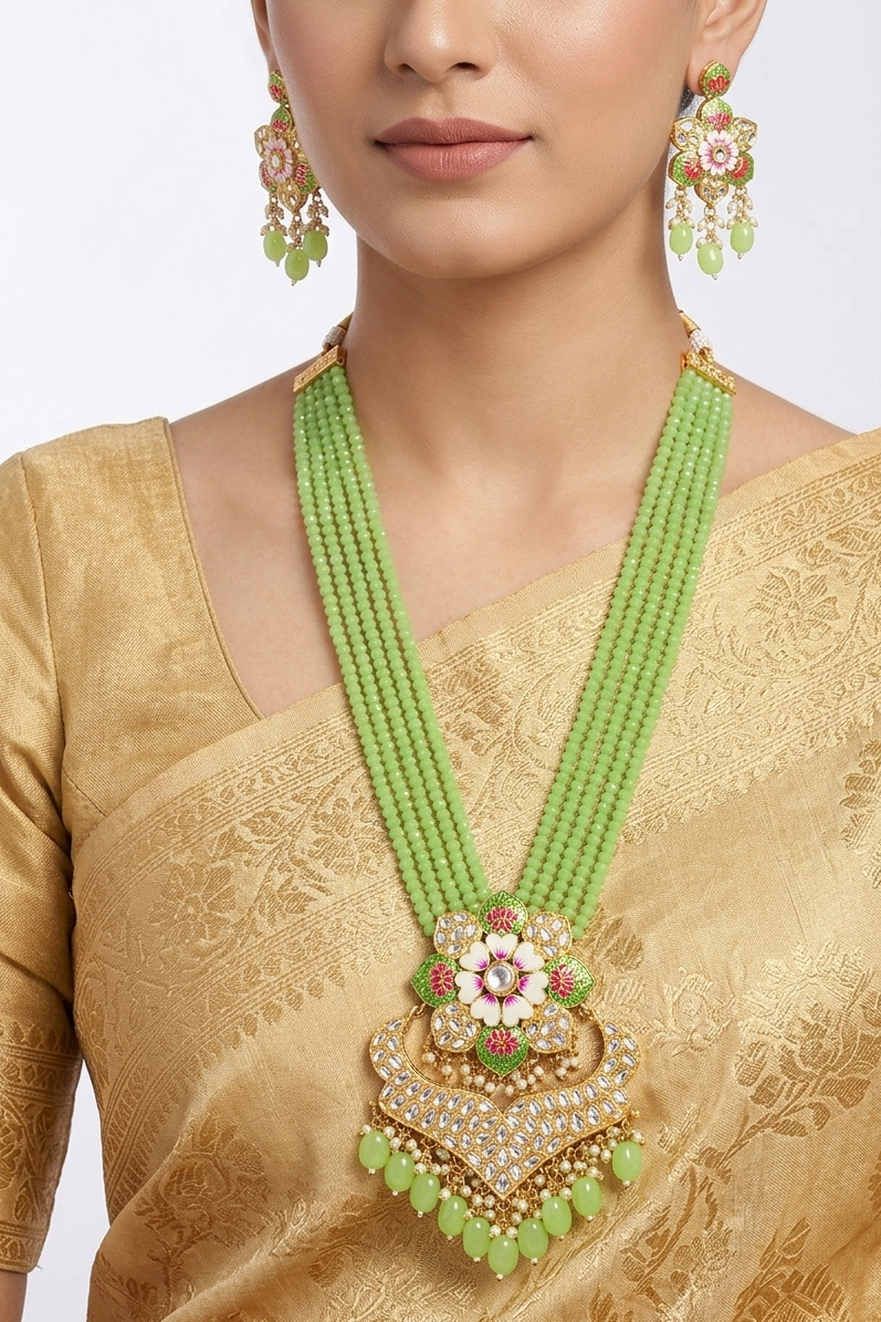 Flower Design Kundan Long Necklace Set
