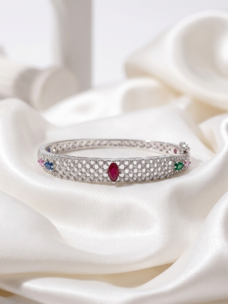 Meraki Silver Plated Multicolor Stone Bracelet With AD Stone