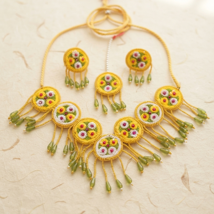Floral Elegance: Handmade Multicolor Haldi-Mehndi Jewellery Set