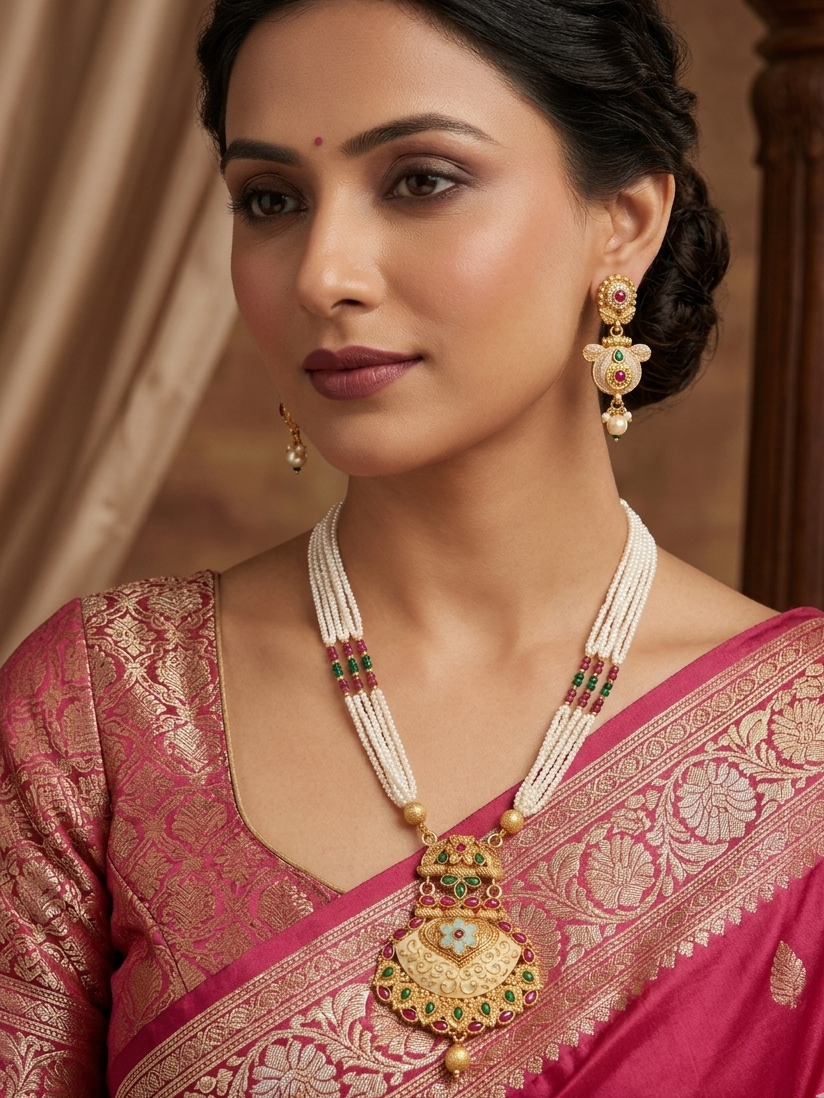 Gold Plated Long Necklace With Jhumka