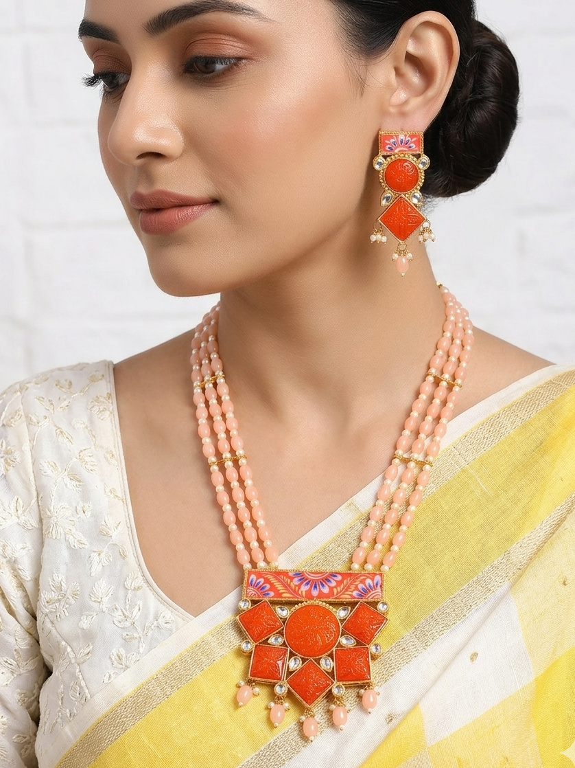 Beaded Kundan Long Necklace Set