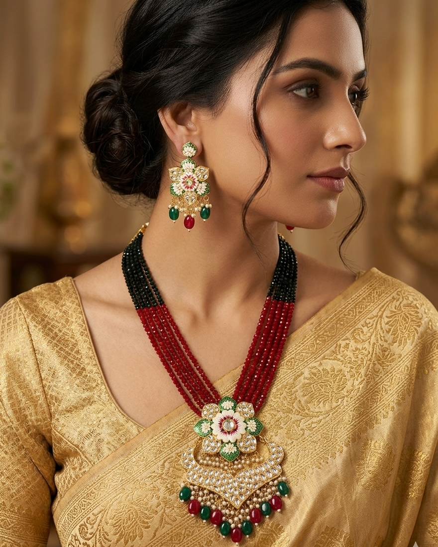 Flower Design Kundan Long Necklace Set