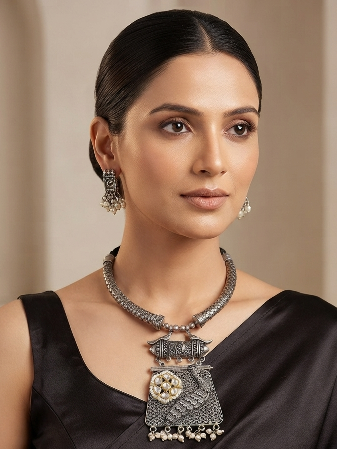 Peacock Motif Oxidized with Accents Choker Set