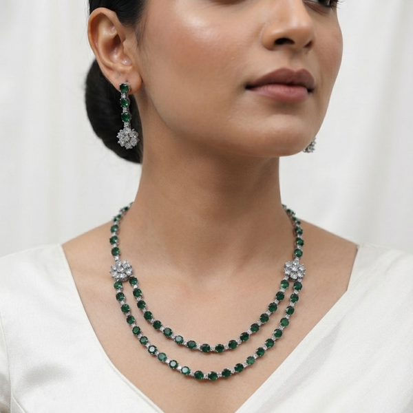 Green And White Double Layer Diamond Necklace