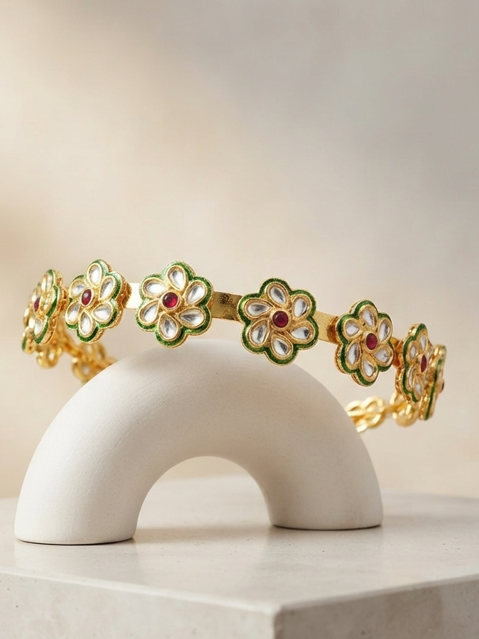 Meraki Gold Plated Traditional Floral Shaped Kundan Hairband/Matha Patti