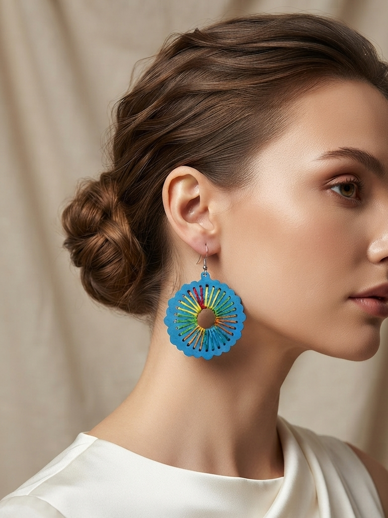 Wooden Thread Design Round Shape Earrings
