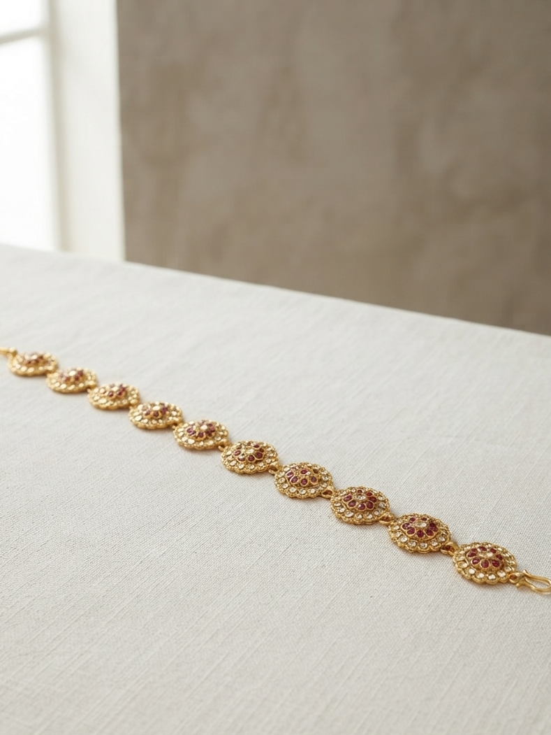 Gold Plated White And Pink Diamond Studded Mathapatti