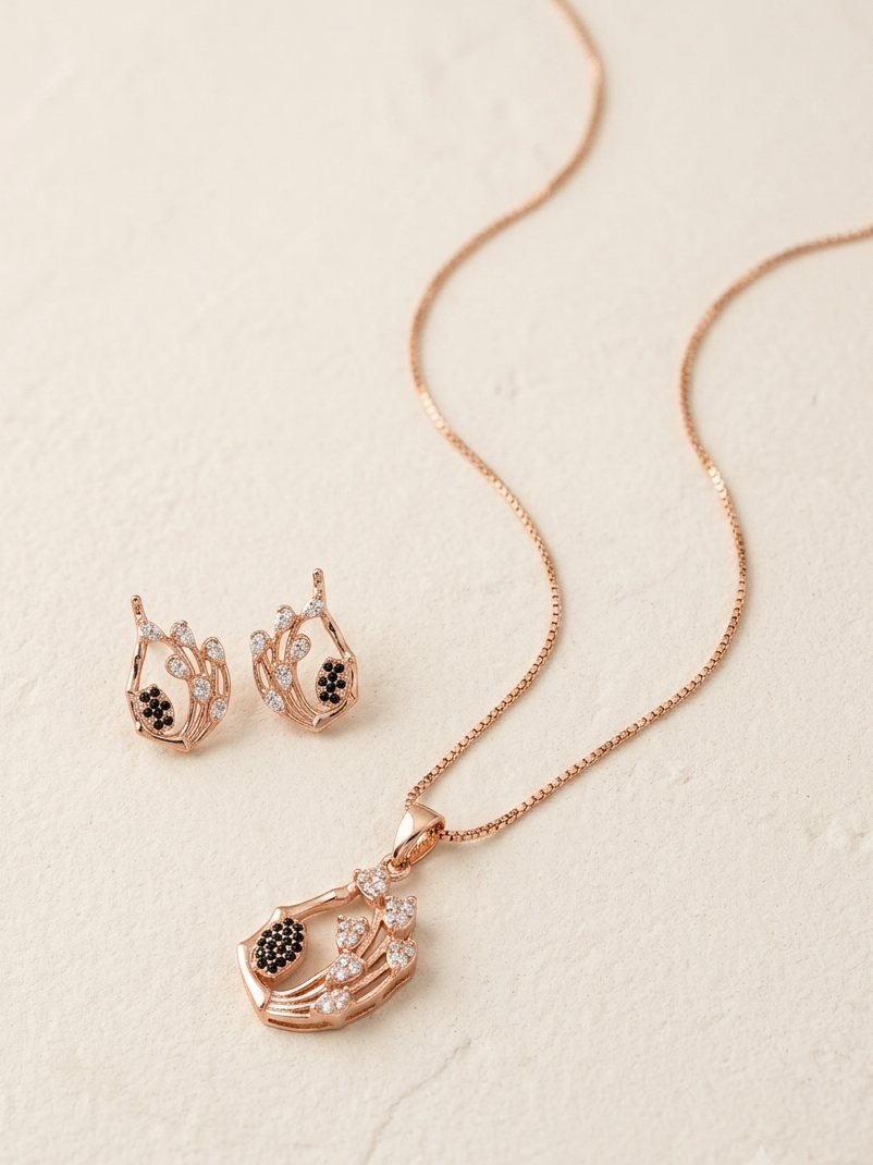 Meraki Rose Gold Plated Peacock Feather Shaped Pendant Set for Women