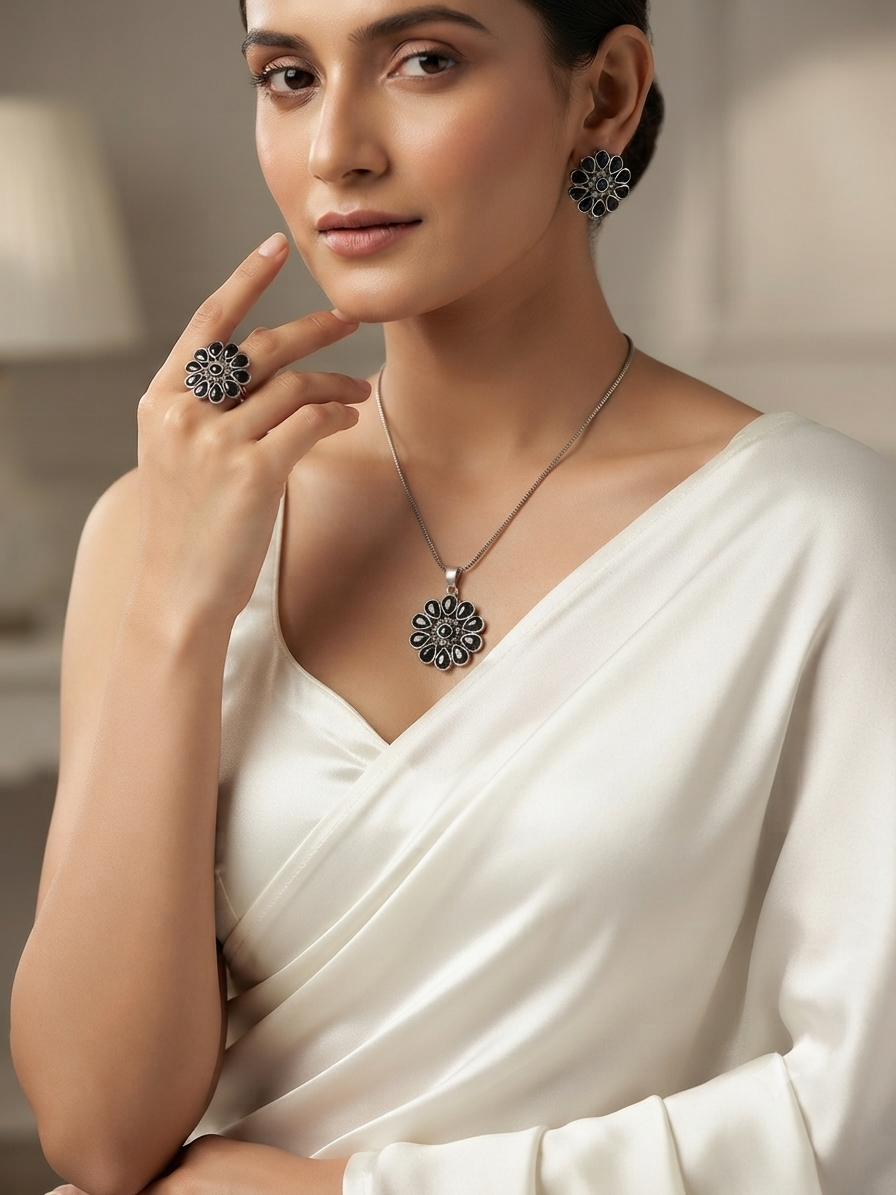 Oxidized Flower Shaped Pendant Set
