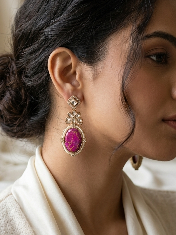 Resin Art Pink Kundan Earrings