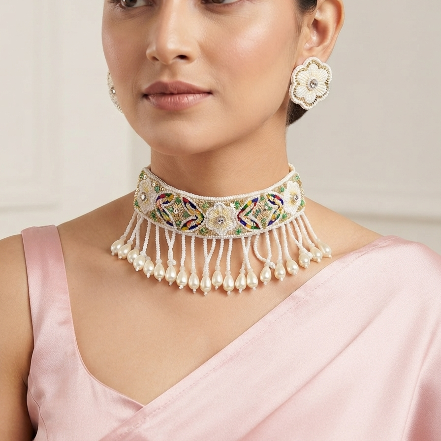 Beaded Pearl Choker Set for Haldi & Mehndi Occasions