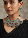 Oxidized Ghungroo Style Choker with Green Color Flower