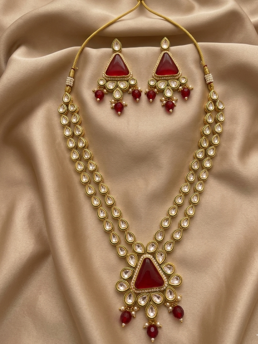 Double Line Gold Plated Kundan Polki Maroon Necklace Set
