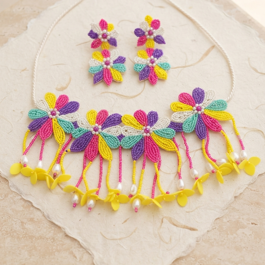 Multicolor Floral Beads Choker Set