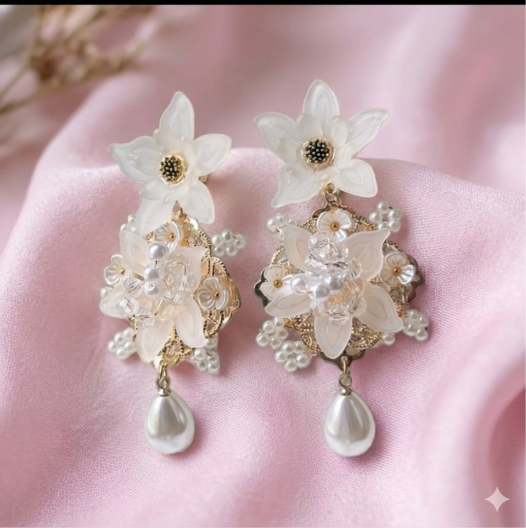 White Pearl Drop Long Earrings