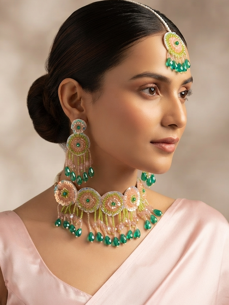 Handmade Crystal Drop Green Haldi Jewellery Set