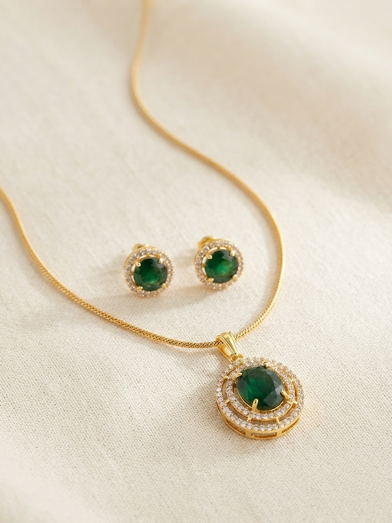 Meraki Gold Plated Round Shaped Pendant with Earrings