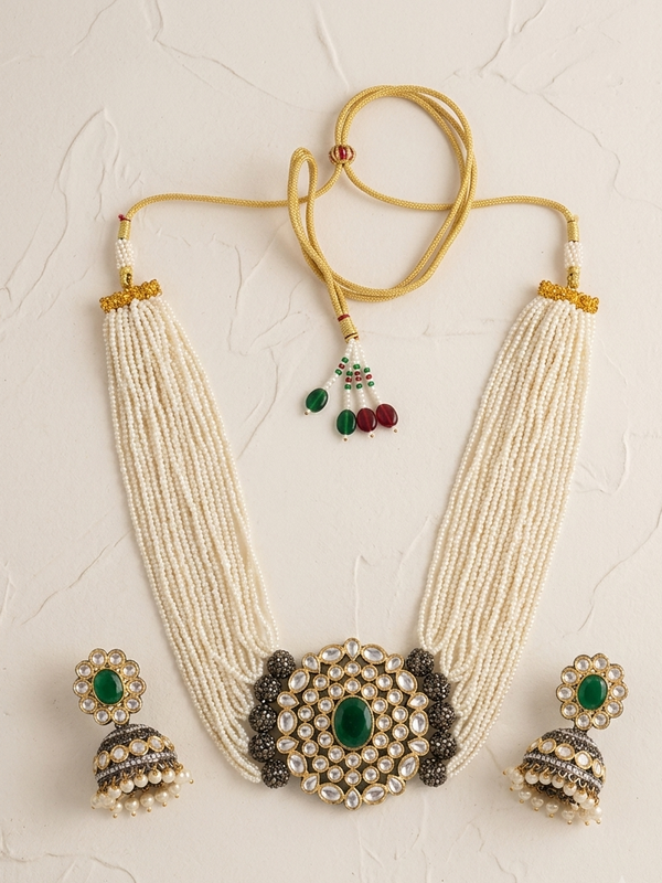 Meraki Gorgeous Pearl Nacklace Set with Kundan Stone