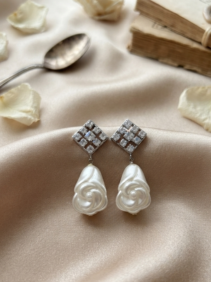 Geometrical rose White Pearl Drop Earrings
