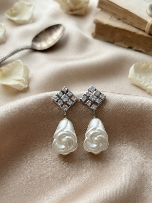 Geometrical rose White Pearl Drop Earrings