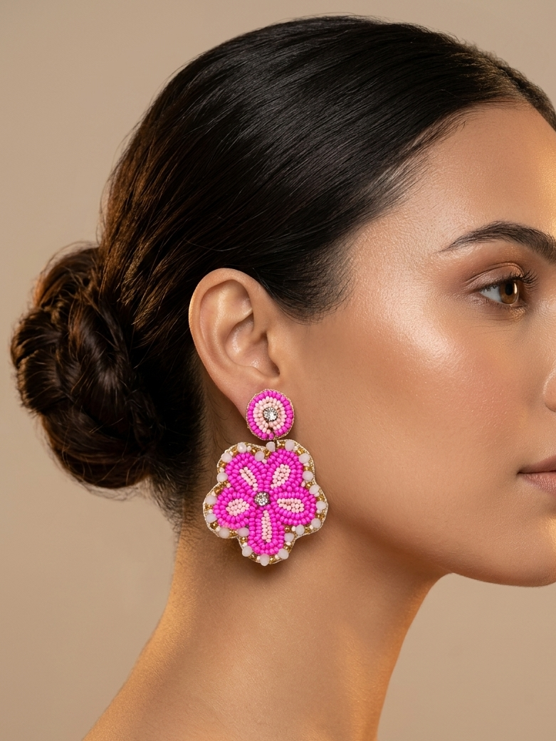 Pink Flower Handmade Beads Earrings