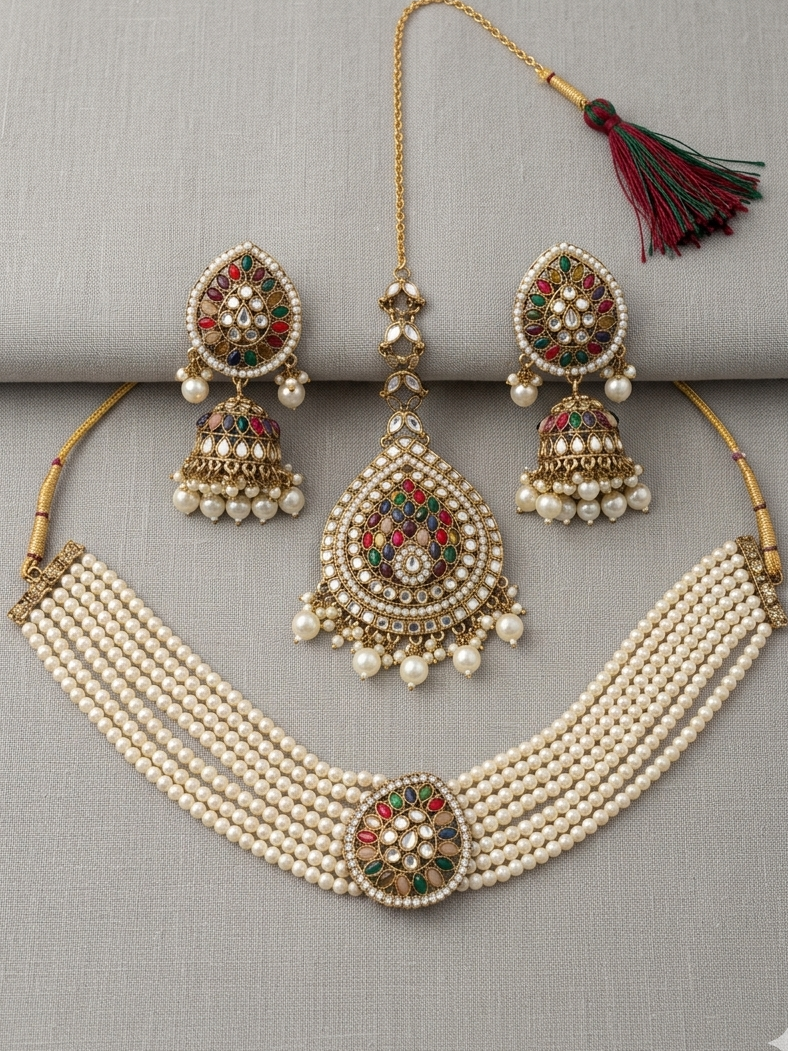 Meraki Multicolored Choker Set with White Beads